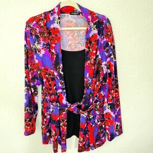 Notations Womens Cardigan Sweater Set Size 1X Knit Floral Classic Office Red